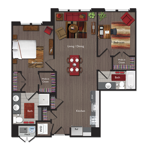 Floor plan for 2 beds, 2 baths, 1037 sqft